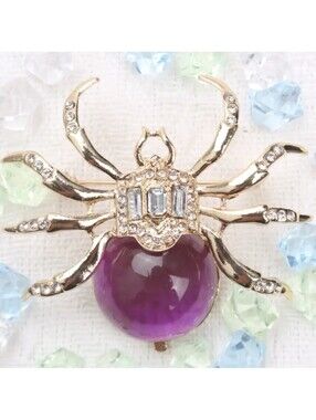 Gorgeous Spider Brooch Jelly Belly Vintage Inspired Purple Resin And Rhinestones